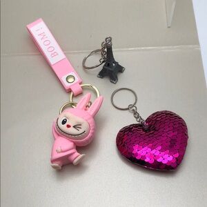 Bundle of 3 Keychain or Bag Charm: Heart, Labubu & Eiffle Tower. NWOT